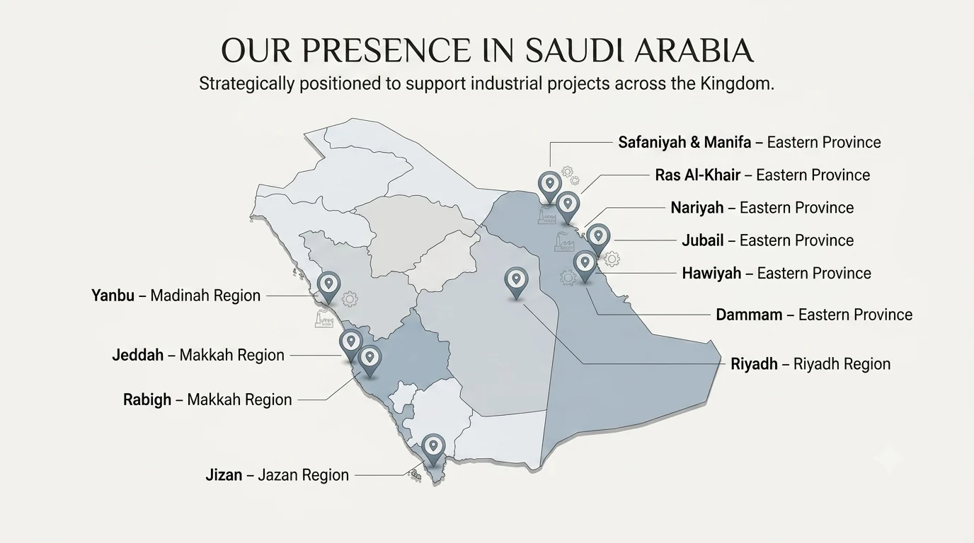 Map showing Hikma Al Sharq service presence in Jubail, Dammam, Ras Al-Khair, Safaniyah, Manifa, Nariyah, Hawiyah, Riyadh, Yanbu, Jeddah, Rabigh and Jizan